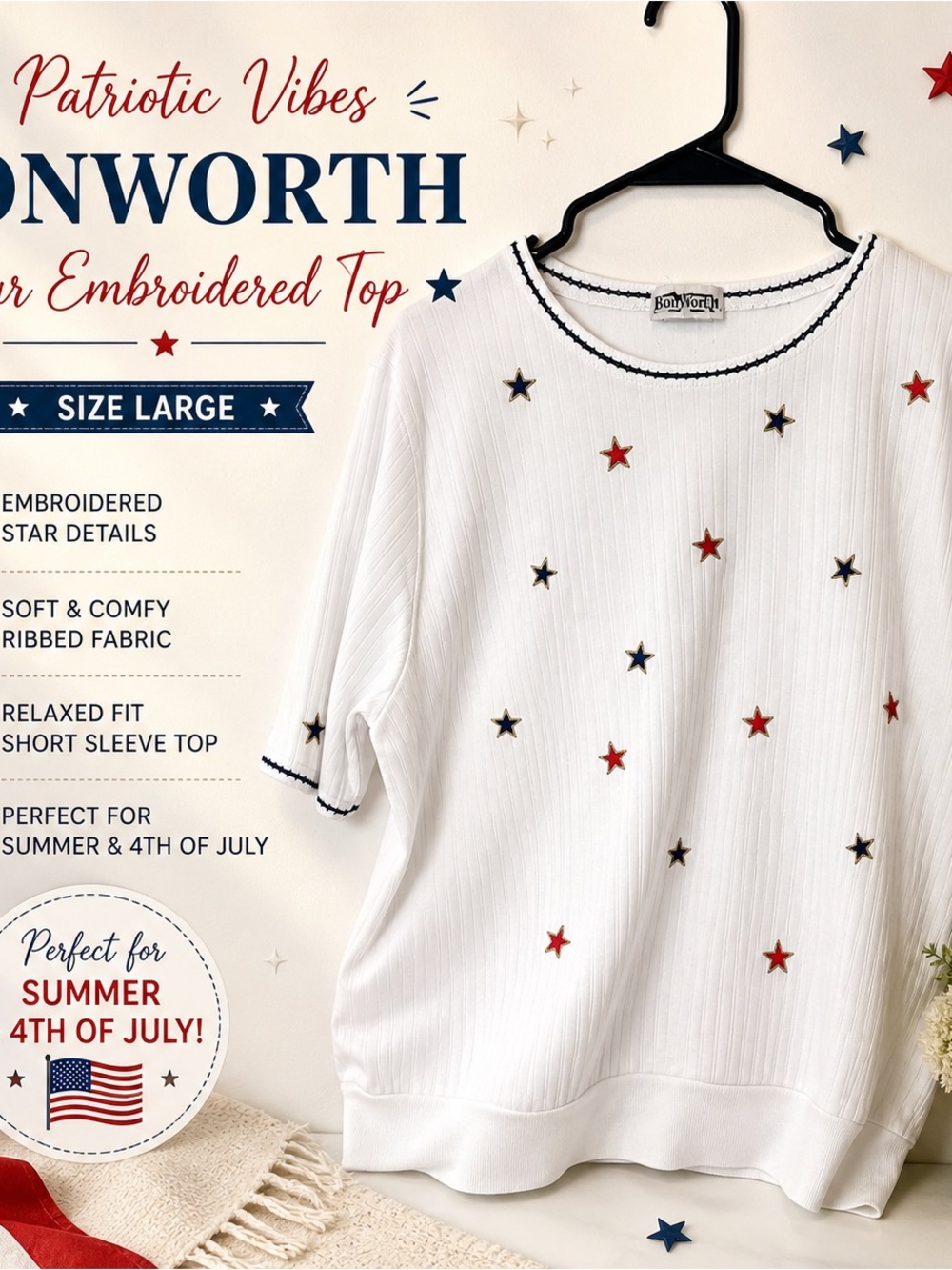 BonWorth White Short Sleeve Top with Red and Navy Star Embroidery